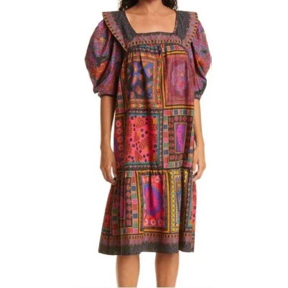 Farm Rio Mixed Scarves Patchwork Frill Layered Dress NWT Size Small - Picture 1 of 8